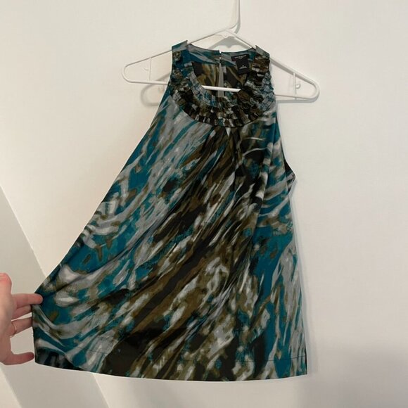 ANN TAYLOR Olive Green Teal Abstract Geometric Geo Halter Sleeveless Tank Blouse - Picture 7 of 13